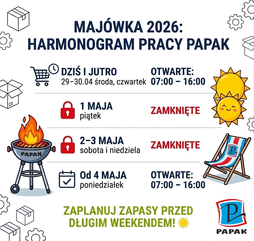 Majówka 2026: Harmonogram pracy hurtowni PAPAK i życzenia dla Klientów